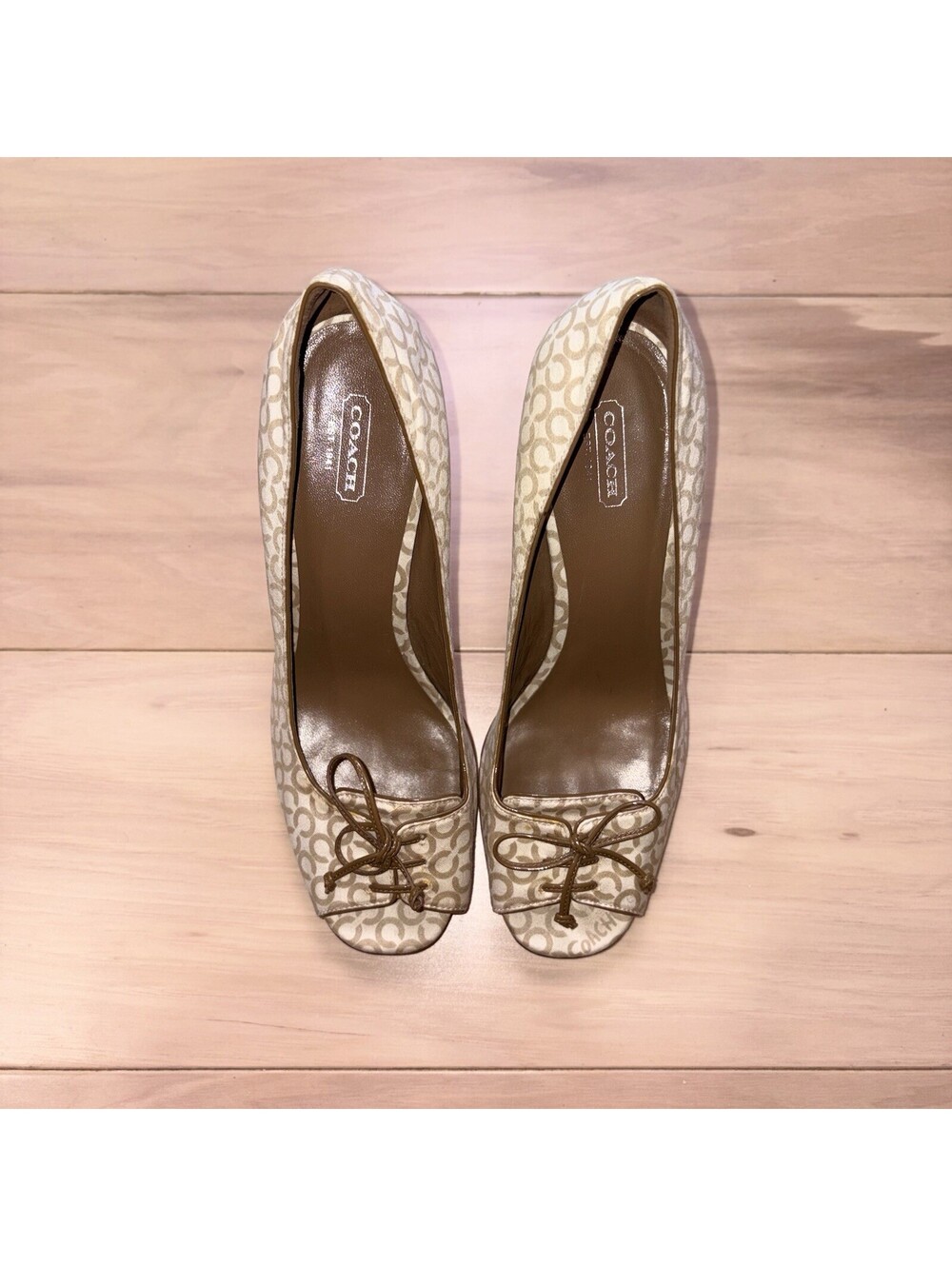COACH Corey Pumps High Heel Bow Peep Toe Chunky Shoes 10 B Signature Lace Up - Picture 4 of 8
